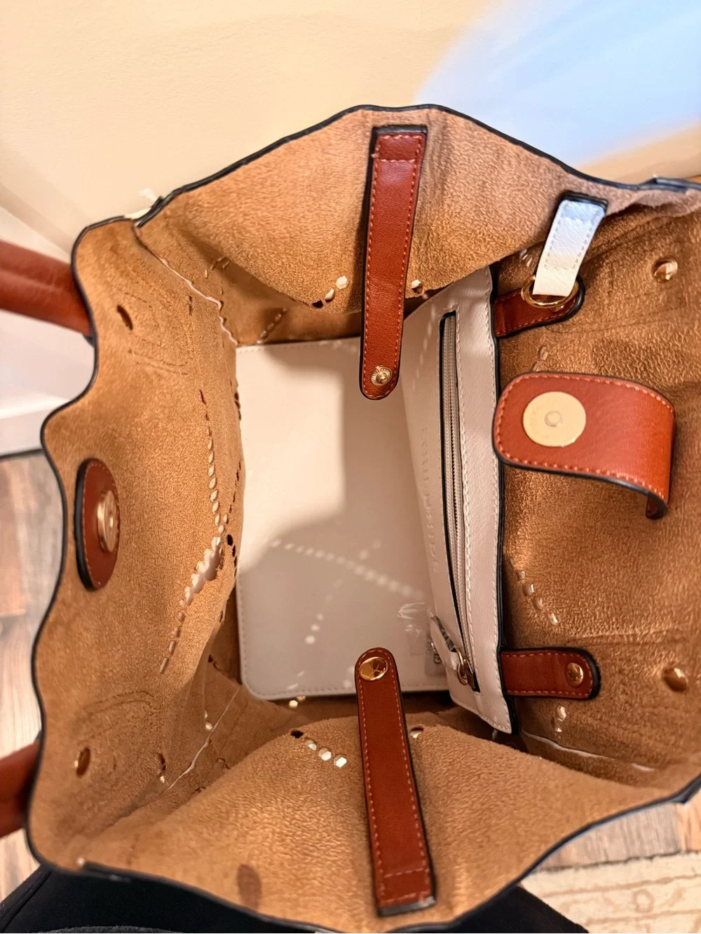 Louenhide White Laser Cut Tote with Crossbody Strap & Pouch